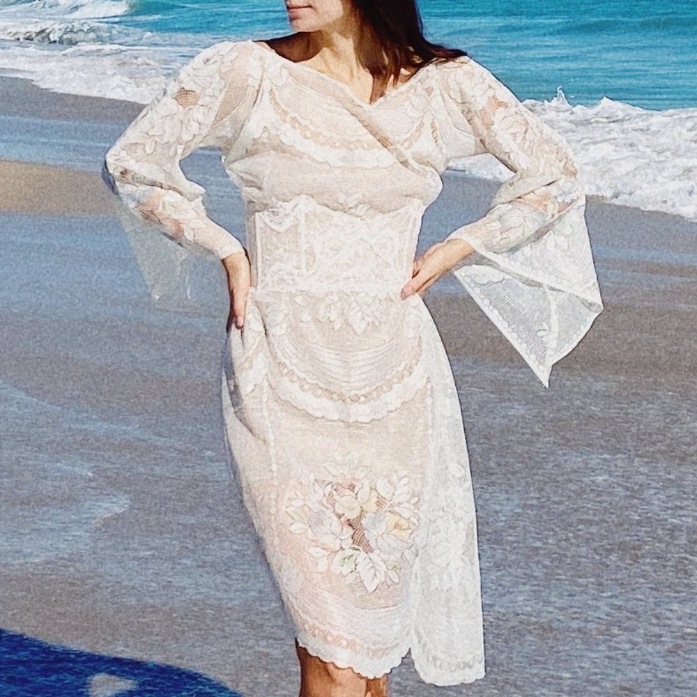 Vintage White Lace Sheer Bell Sleeve Floral Hippie Midi Dress - Picture 5 of 12